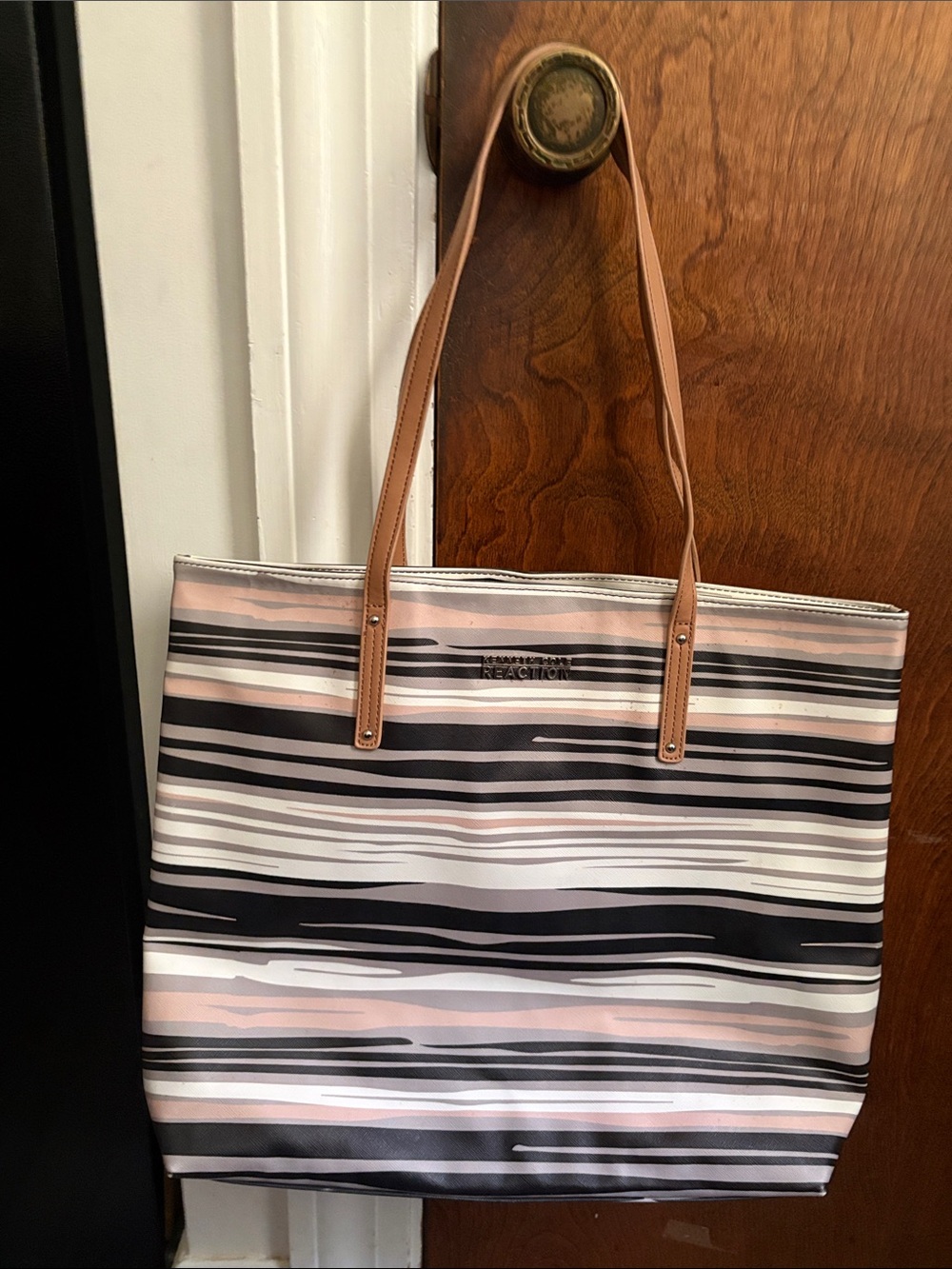 Kenneth Cole Pink, Black & White Striped Tote with Tan Handles